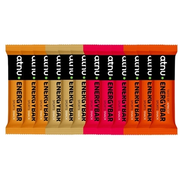 12 ATNU energibarer i farverig indpakning: orange, beige og pink, pakket i en mix-kasse.